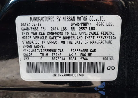 2017 Infiniti Q50 2.0T Base z USA, uszkodzony, nr VIN JN1CV7AR8HM681746